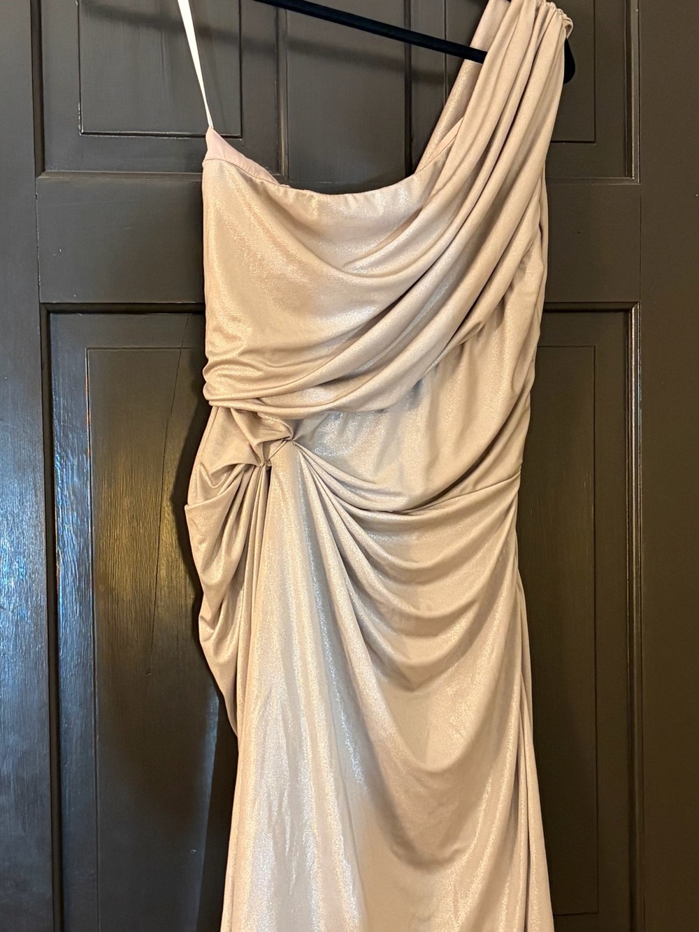 AKIRA Black Label One-Shoulder Draped Evening Gown in Light Champagne